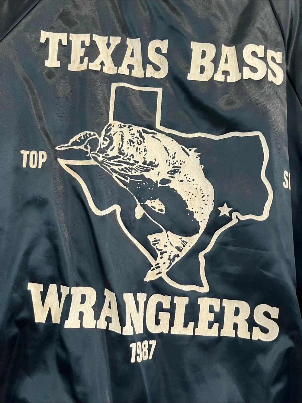 Vintage Texas Bass Wranglers Satin Bomber Jacket in Teal with White Trim